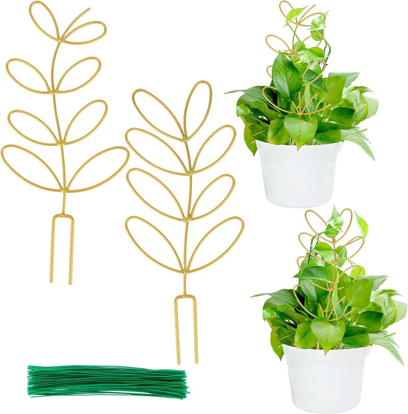 Augsun 2 Pcs Gold Trellis Leaf Shape 12 Inch Metal Plant Support with 50 Ties for Climbing Potted Plants Houseplant Garden Indoor Outdoor - Image 1